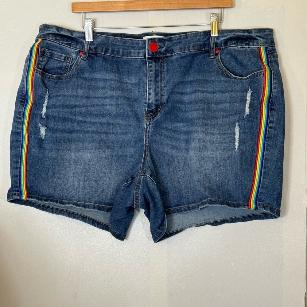Lane Bryant Flex Magic Waistband Mid-Rise Girlfriend Blue Rainbow Denim Shorts